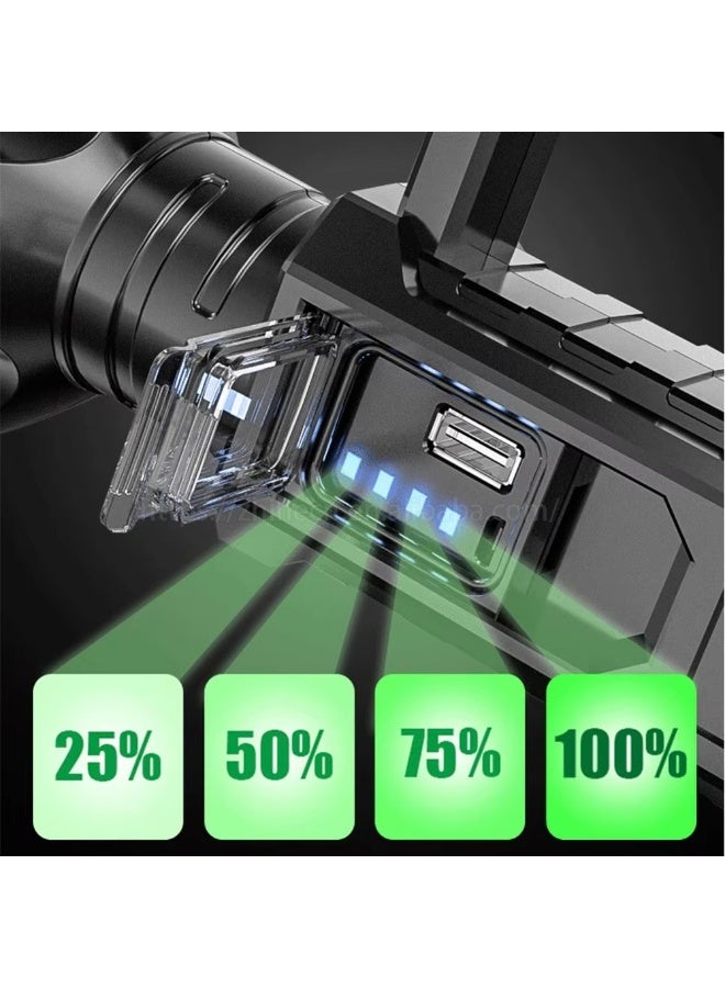 مصباح يدوي LED قابل لإعادة الشحن مع حامل ثلاثي القوائم - كشاف يدوي فائق السطوع بقوة 10000 لومن - 4 أوضاع إضاءة ومصباح تكتيكي مقاوم للماء بمعيار IPX44 - مصباح عمل محمول مزود بمؤشر طاقة للتخييم والمشي لمسافات طويلة وصيد الأسماك - Image 2